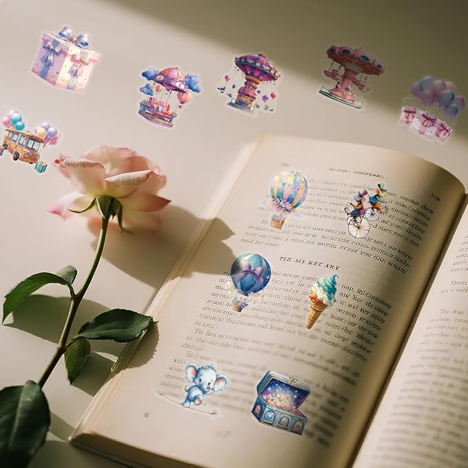 50 pcs Watercolor Carnival Fairytale Amusement Park Clear PET Stickers, Hot Air Balloon Carousel Unicorn Castle Transparent Die-Cut Decals for Journal Scrapbook Planner Kids Party DIY Craft Decor