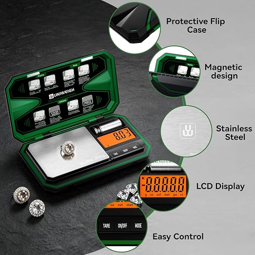 UNIWEIGH Digital Gram Scale 500g x 0.01g Accuracy Small Scale | Mini Pocket Jewelry Scale 6 Units/LCD,Weighs Small Food,Coin,Powder,Micro,Grains,Tare Function,Green(Battery Included)