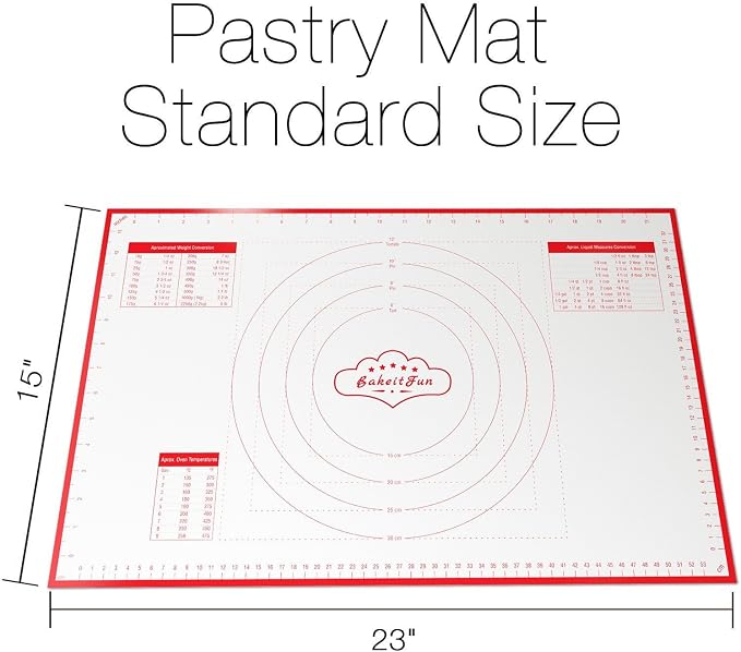 Silicone Pastry Mat Standard 23 x 15 in Nonstick Dough Rolling Mat with Measurements Inch and cm Circles Conversion Charts BPA Free Heat Resistant to 450 F Dishwasher Safe