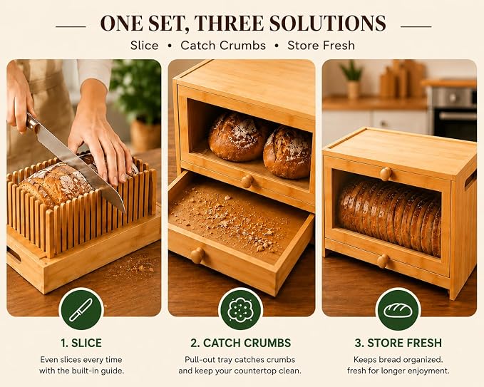 3in1 Bread Slicer for Homemade Bread - Adjustable Width Bamboo Bread Cutter with Storage Box, Bread Box with Cutting Board Crumb Tray, Bread Storage Container for Kitchen Countertop, Sourdough Baking