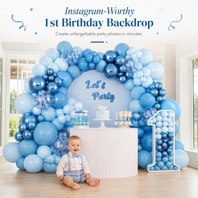 141 Pcs Blue Balloon Garland Arch Kit - Macaron & Metallic Chrome Blue Balloon Set with Confetti Balloons for Baby Shower, 1st Birthday, Wedding, Gender Reveal Party Decorations