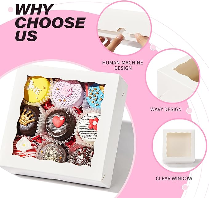 NEKSUNBAK 20 Pack 6"x6"x2.5" Bakery Boxes with Window -Chocolate Covered Strawberries, Small Cake, Cookie, Pastry, Mini Donitas & Cakesickle Truffle Chocolate Boxes