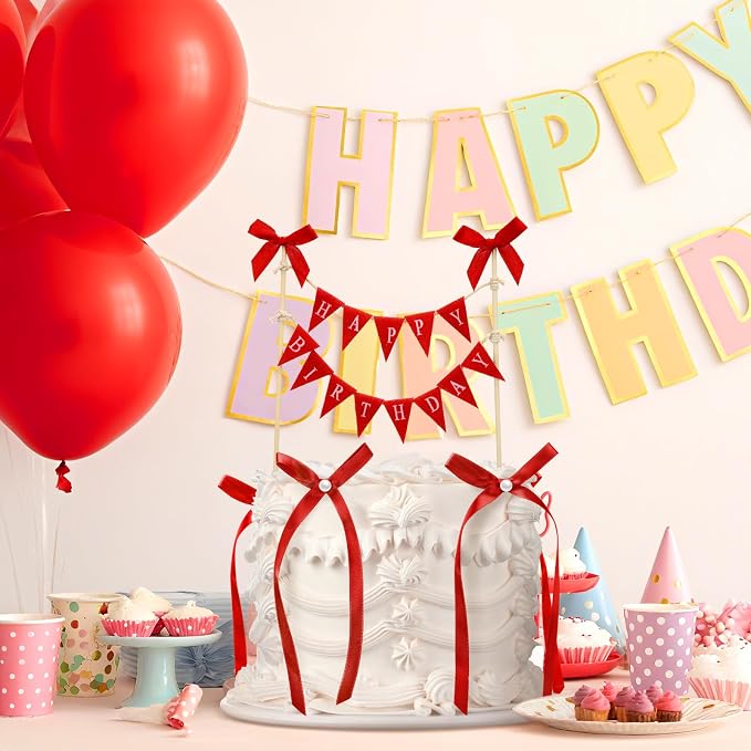 Honeydak 11 Pcs Red Bow Ribbon Cake Topper Happy Birthday Cake Bunting Topper with Wood Pole Handmade Pennant Flags with Bows Ribbon for Birthday, Bridal Party Decoration