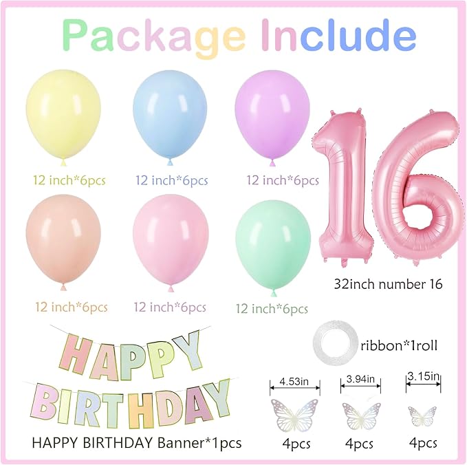 16th Birthday Decorations For Girls- 12 Inch Pastel Balloons, 32 Inch Pink 16 Balloon, 3D Butterflies Stickers, Happy Birthday Banner For Girl Sweet Sixteen Party Decorations