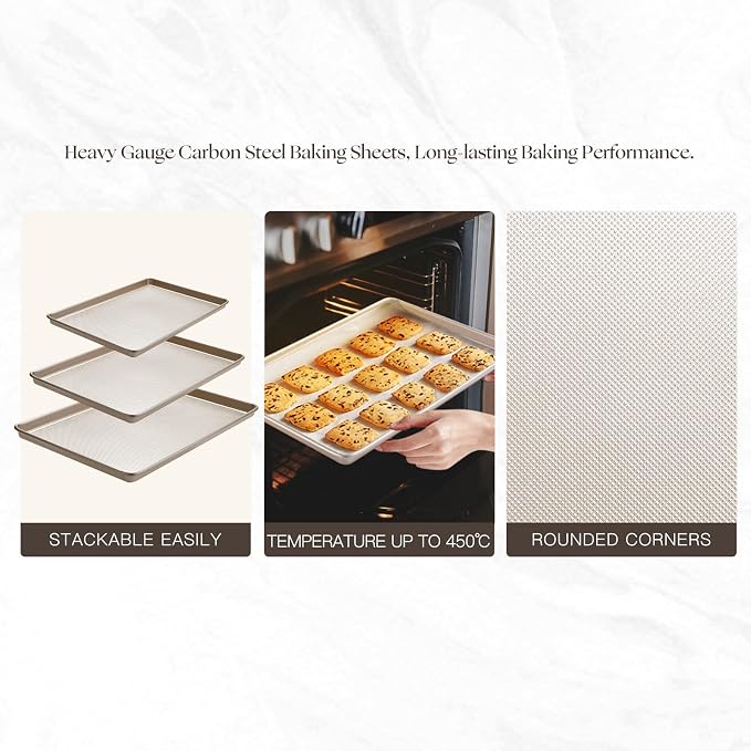 Heavy-Duty 3-Piece Baking Sheet Set - Commercial & Home Kitchen Nonstick Cookie Pans, Reinforced Carbon Steel Baking Trays, Oven-Safe with Even Heating & Easy Clean