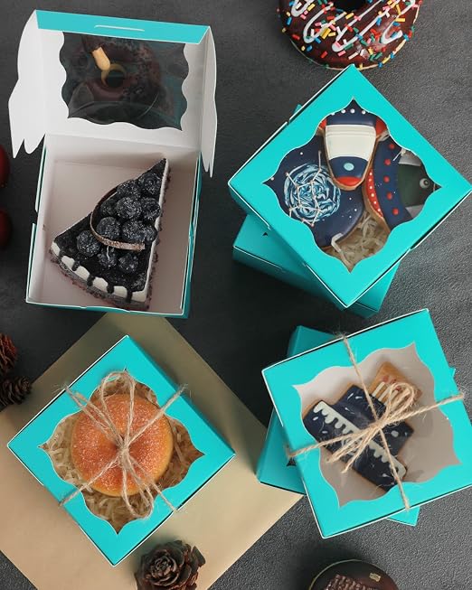 qiqee Blue Green Bakery Boxes with Window 55pcs 4x4x2.5 Mini Cookie Boxes Macaron boxes Small Donut Pastry Boxes for Party