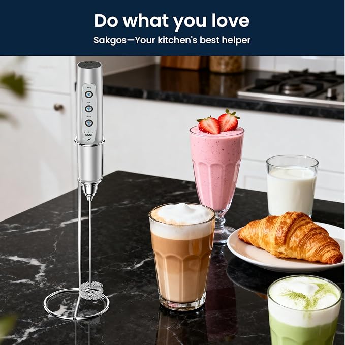 Sakgos Milk Frother with Stand Rechargeable-Handheld Frother Wand with 3 Stainless Whisks 3 Speed Adjustable, Electric Whisk Drink Mixer, Foam Maker Blender for Matcha Latte Cappuccino Chocolate