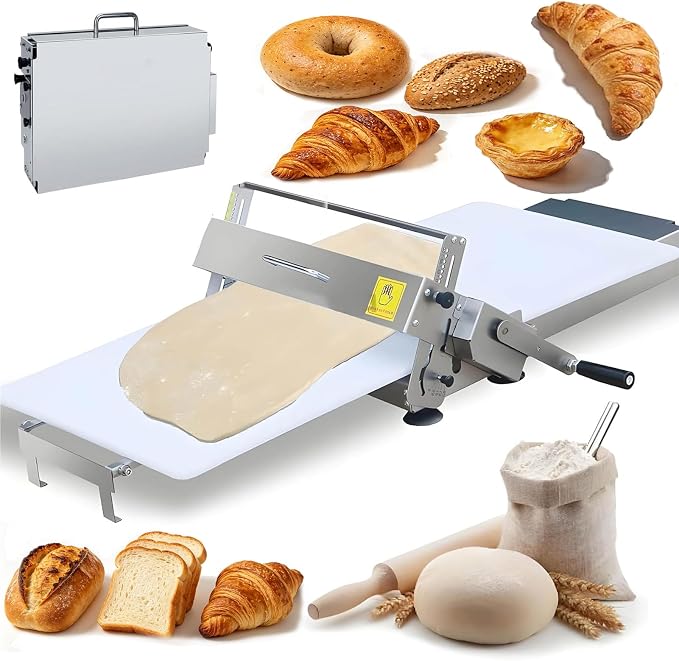 Dough Sheeter Machine, Stainless Steel Dough Press, Manual Folding Pastry Rolling Machine, 0-27mm Adjustable Thickness, Matched Press Panel, for Making Pie Crust, Pizza and Croissant