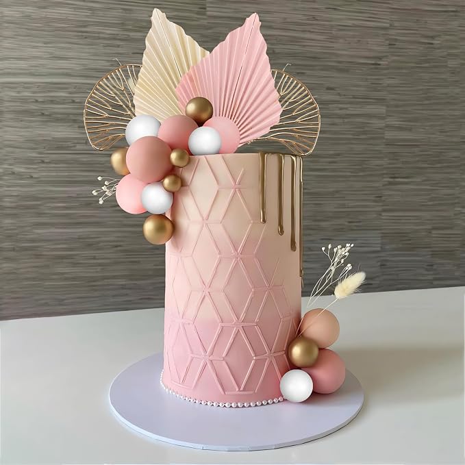 Boho Cake Topper Golden Ginkgo Leaves Cake Decorations with Paper fans White Gold Balls for Wedding Woman Birthday (Pink)