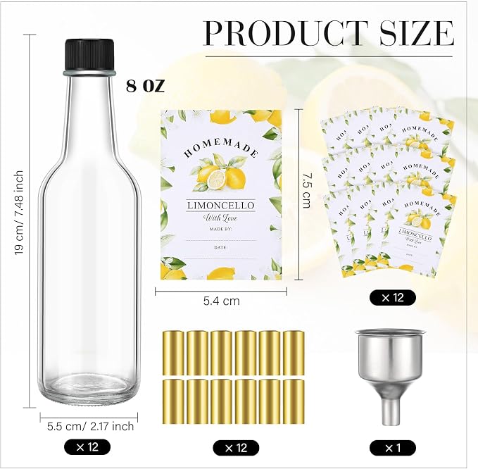 Reallnaive 12 Sets Limoncello Glass Bottles Sets 8 oz Clear Glass Bottles for Limoncello Homemade with Tags and Twine and Funnel for Home Brewing Wedding Baby Shower Party Favors