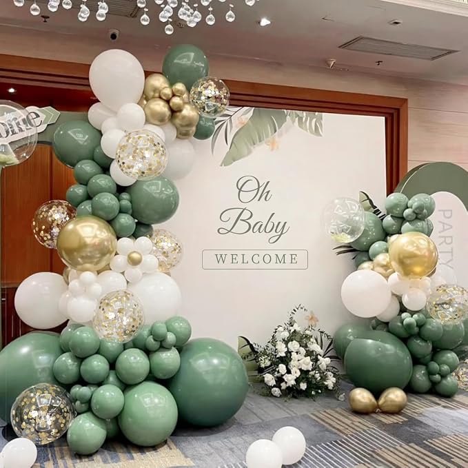 MEBAY Sage Green Balloon Arch Kit, 166Pcs Olive Green White Gold Balloons Garland for Baby Shower Birthday Wedding Jungle Safari Party Decoration
