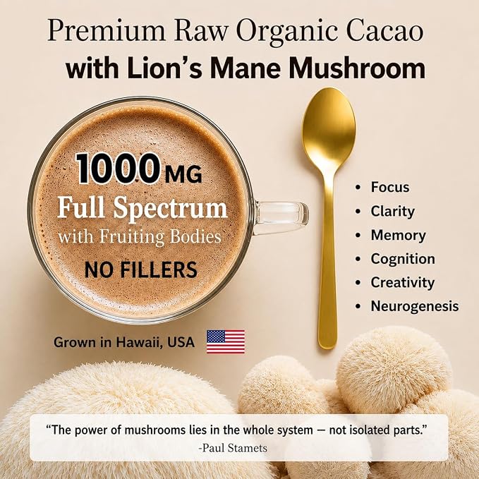 OhmYes Lion's Mane Mushroom Cacao | Premium Pure Raw Organic Cacao Powder | Natural Chocolate Powder Drink Mix | Sugar-Free Flavanol Rich Superfood | Unsweetened | 33 Servings