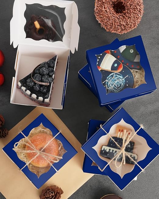 qiqee Dark Blue Bakery Boxes with Window 55pcs 4x4x2.5 Mini Cookie Boxes Macaron Boxes Small Donut Pastry Boxes for Party