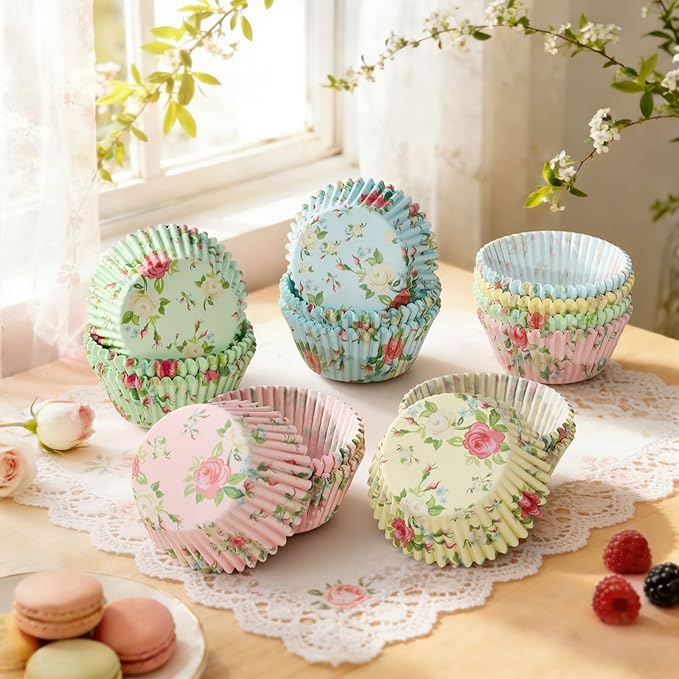 Standard Cupcake Liners 100 Pack, Colorful Paper Baking Cups Food Grade Disposable Cupcake Wrappers Floral Muffin Liners for Birthday Tea Themed Party Decor (Floral-3)