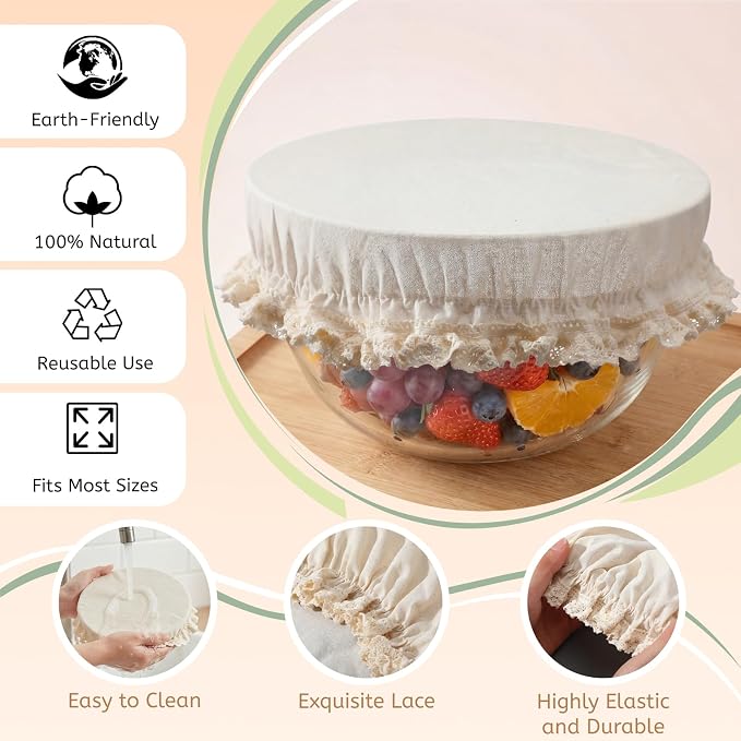 5 Pcs Reusable Cotton Bowl Covers with Lace Trim Breathable Muslin Fabric Food Storage Lids Elastic Cloth Bowl Covers for Bread Proofing Baskets Sourdough Bread Baking (4,5,8,10,12 Inch)