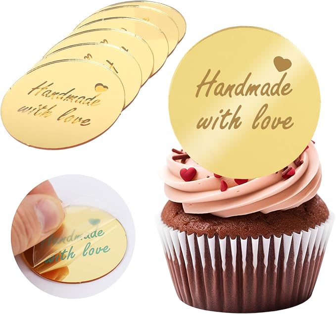 20Pcs Gold Handmade Cupcake Topper Acrylic Mirror Handmade Tags for Mother's Gift Gift Decorations Birthday Thanksgiving Party Favors Round Tags Decorations for Teacher Appreciation DIY Crafts