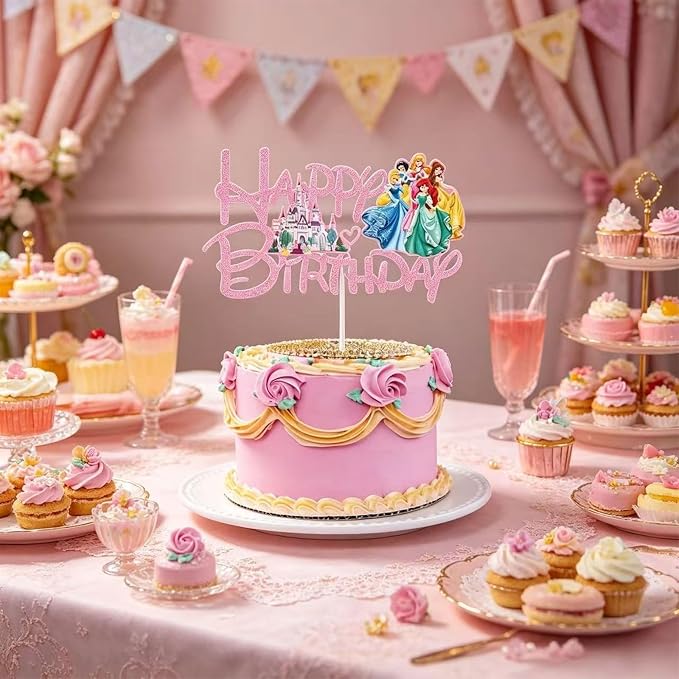 Glitter Princess Cake Topper, Cute Happy Birthday Cake Topper, Birthday Party Supplies, Princess Themed Party Decorations for Girls