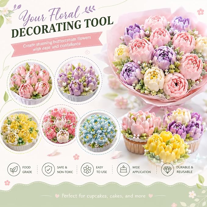 7 Pcs Large Russian Piping Tips Set, Seamless Stainless Steel Flower Frosting Nozzles, One-Press Cake Decorating Tips for Buttercream, Cupcakes, Cookies – Complete Flower Shape Kit