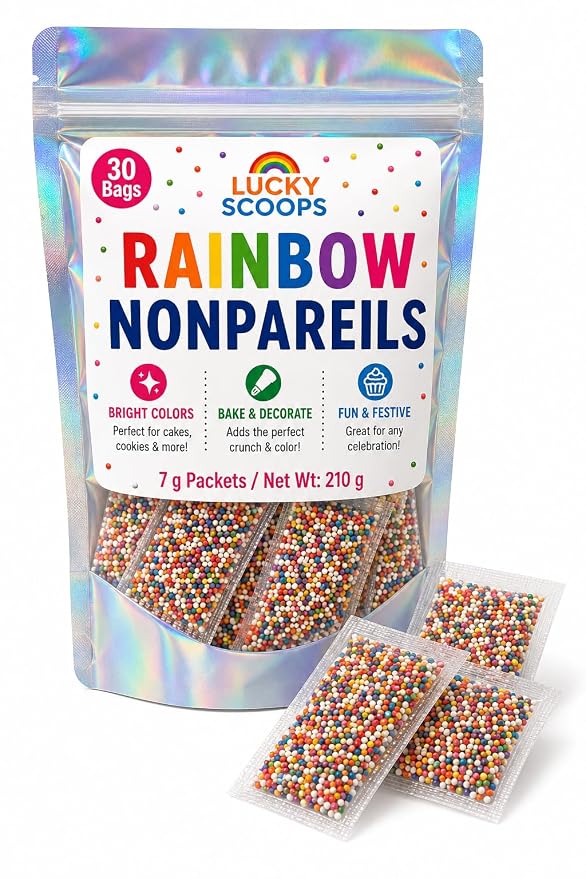 Lucky Scoops Rainbow Nonpareils Packets – 30 Individually Wrapped 7 g Packs in Resealable Pouch – Dairy-Free, Gluten-Free, Vegetarian, Soy & Nut-Free Candy Sprinkles for Dot Cakes, Baking, Ice Cream & Parties