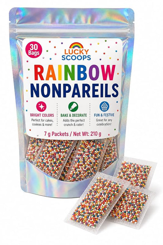 Lucky Scoops Rainbow Nonpareils Packets – 30 Individually Wrapped 7 g Packs in Resealable Pouch – Dairy-Free, Gluten-Free, Vegetarian, Soy & Nut-Free Candy Sprinkles for Dot Cakes, Baking, Ice Cream & Parties