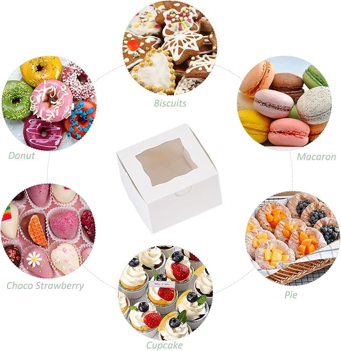 100Pcs Paper Cookie Boxes With Window Small Bakery Boxes 4x4x2.5 Inches Mini Cake Boxes For Pastries,Cupcakes,Desserts,Donuts,Chocolate Strawberries,Candy,Treat Boxes(4 * 4 * 2.5,White)