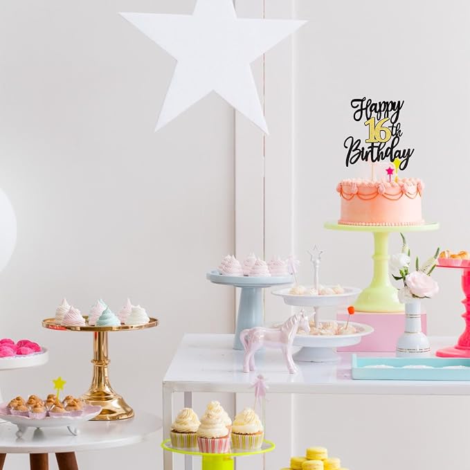 1 PCS Happy 16th Birthday Cake Topper Black Gold Glitter Cheers to 16 Years Birthday Cake Pick 16 Fabulous Cake Decoration for Happy 16th Birthday Anniversary Party Cake Decorations Supplies