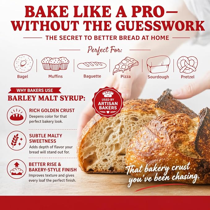 Bakers Club Barley Malt Syrup 16oz – Authentic Malty Flavor for Bagels, Pretzels, Bread & Baked Goods – Enhances Crust, Color & Sweetness – Non-GMO, Traditional Malted Barley Syrup – Made in USA