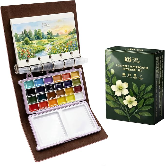 DarkWish Premium Mini Travel Watercolor Sketchbook Set - 24 Colors & Water Brush, PU Leather Urban Sketching Pocket Art Pad with 300gsm Black/White Paper, Plein Air Gift for Adults (Pink)