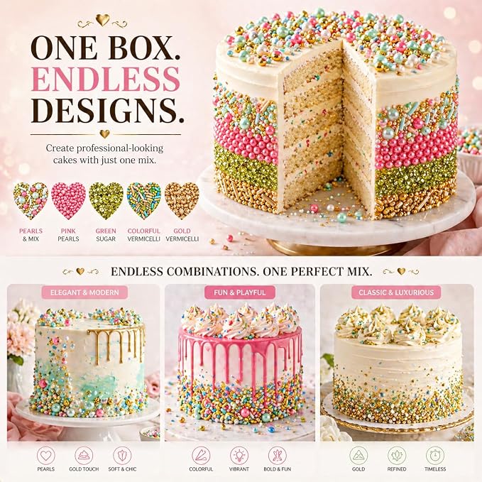 Confect Sprinkles – 5 Pack Assorted Cake Decorating Mix (Hot Pink & Ivory Pearl Dragees, Champagne Gold & Blue Jimmies, Green Sparkling Sugar) – Festive Edible Toppings for Cakes, Cupcakes, Cookies – Vegan, Gluten-Free, Nut-Free, Soy-Free, Dairy-Free, ...
