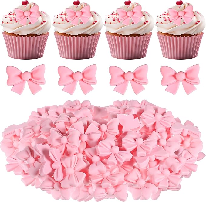 Bewudy 50Pcs Pink Bow Cupcake Toppers, Bowknot Cake Decorations Birthday Decorations for Theme Parties Bridal Engagement Wedding Baby Showers Birthday Party (Not Edible)
