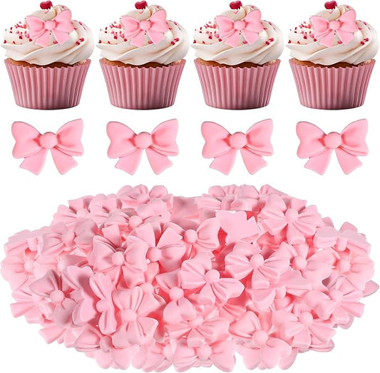 Bewudy 50Pcs Pink Bow Cupcake Toppers, Bowknot Cake Decorations Birthday Decorations for Theme Parties Bridal Engagement Wedding Baby Showers Birthday Party (Not Edible)
