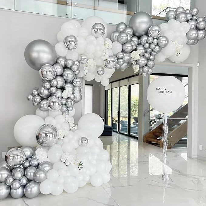 120pcs Metallic Silver Balloon Arch Kit, 18 12 10 5 inch Chrome Silver Latex Balloons Different Sizes Balloon Garland for Wedding Baby Shower Disco Birthday Party Decorations