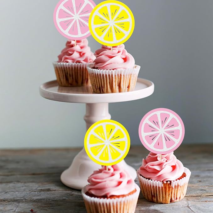 Rsstarxi 24 Pack Lemon Cupcake Toppers Glitter Fruit Theme Lemonade Cupcake Picks for Lemon Theme Baby Shower Boys Girls Birthday Main Squeeze Party Cake Decorations Supplies