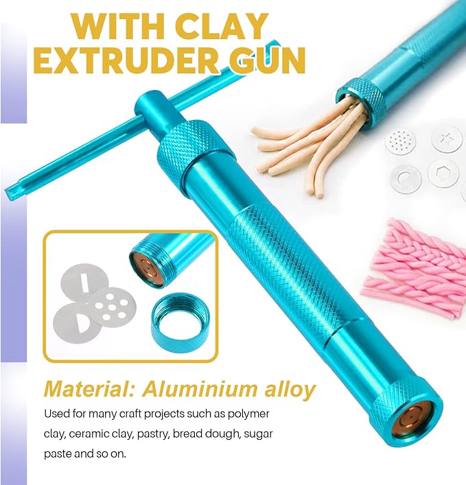 Swpeet 36Pcs Blue Clay Extruder Gun Fondant Sugar Paste Extruder Clay Cake Sculpture Gun, Ball Stylus Dotting Tool with Plastic Scraper, Cake Decorating Supplies Modeling Tool