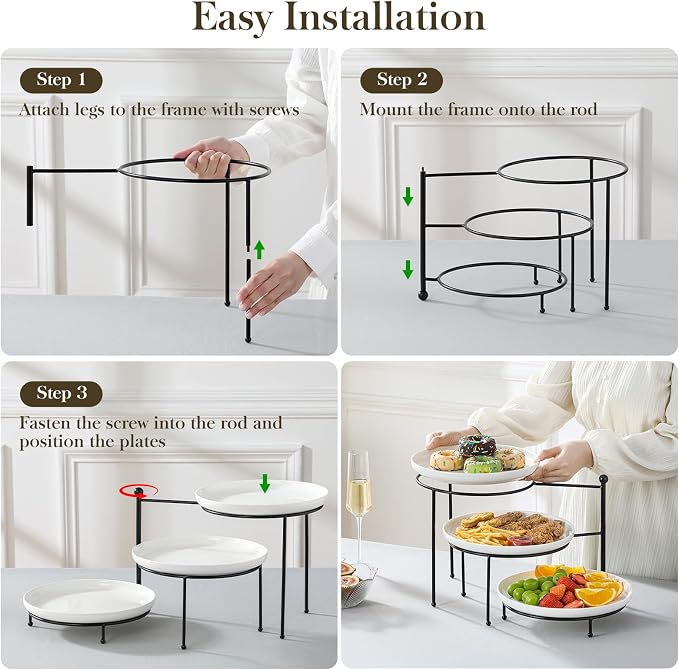 MALACASA White 3 Tier Serving Tray Stand with Black Rack, 10 Inch Porcelain Tiered Dessert Stand for Cupcakes, Cakes, Fruit & Appetizers, Ceramic Serving Platter for Party, Wedding & Tea Party