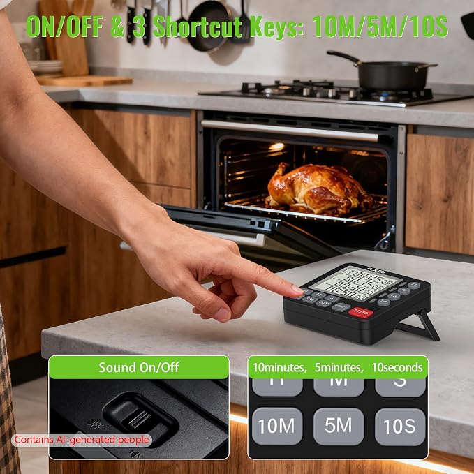 Digital Dual Kitchen Timer, 4-Channel Magnetic Countdown Timer for Cooking, On/Off, Large Display Multi Food Loud Alarm Silent for Classroom Seniors Battery Included (Black)