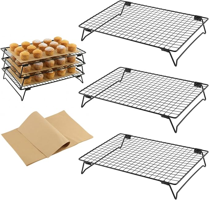 3 Pcs Stackable Cooling Racks with Collapsible Legs, Tiered Cooling Racks with 50 Sheets Baking Paper, 11.81 x 7.87 Inches, Collapsible Ventilation Holder for Cookies, Cakes, Roasting, Drying