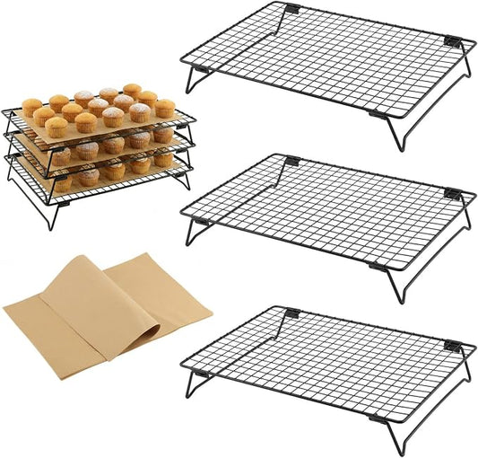 3 Pcs Stackable Cooling Racks with Collapsible Legs, Tiered Cooling Racks with 50 Sheets Baking Paper, 11.81 x 7.87 Inches, Collapsible Ventilation Holder for Cookies, Cakes, Roasting, Drying