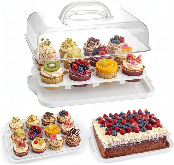 VGOODALL Cake Carrier with Lid and Handle, 12 Capacity Cupcake Carrier, 2-in-1 Rectangular Cupcake Holder for Pies Muffin Pizza Nuts Fruit, Dessert Storage Containers for Parties, Picnics, Baking