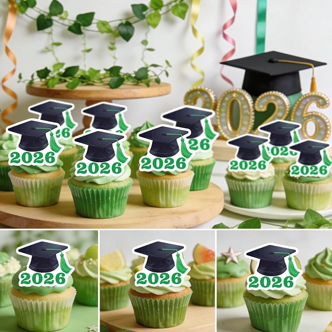 42pcs Edible Graduation Cap Cupcake Toppers Wafer Paper Green Class of 2026 Cake Decorations Edible Grad Cap Cupcake Picks for 2026 Graduation Theme Party Cake Decor Supplies