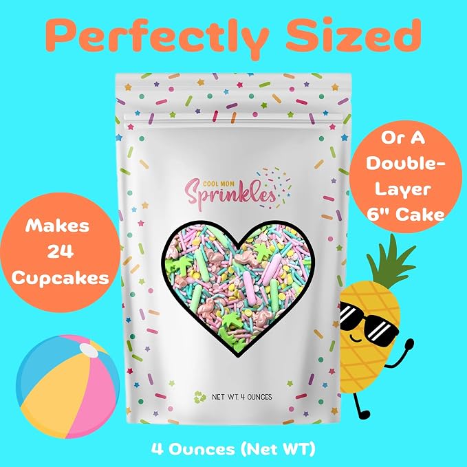COOL MOM SPRINKLES Palm Springs Flamingo Sprinkles (4 oz.) – Tropical Beach Summer Themed Sprinkles for Decorating Ocean Cakes, Cupcakes, Cookies & Desserts – Mixed in the USA/Gluten-Free