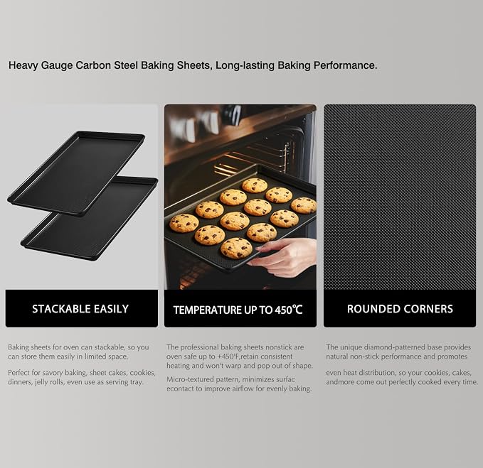 Nonstick Baking Sheet Set of 2, Carbon Steel Cookie Pans with Textured Surface – Oven Safe for Baking Cookies, Bread & Roasting (Black 17.5”x11.8”x1”)