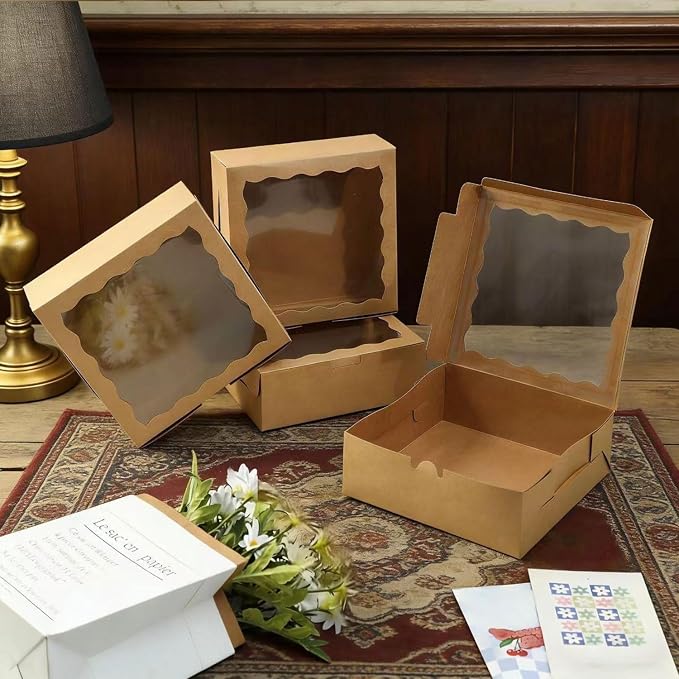 20 Pack Natural Kraft Paper Bakery Boxes with Clear PVC Window, 7x7x2.5 inch Pie & Cookie Boxes, Large Brown Containers for Pastries, Cupcakes, Cakes & Desserts