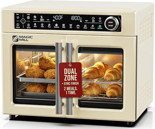 Magic Mill Ultra-Premium Dual-Zone Stainless Steel Air Fryer Toaster Oven Combo, Extra Large 32QT French Door Convection Oven with Next-Gen Patent Technology, 13 Accessories, Rotisserie, Sync Finish