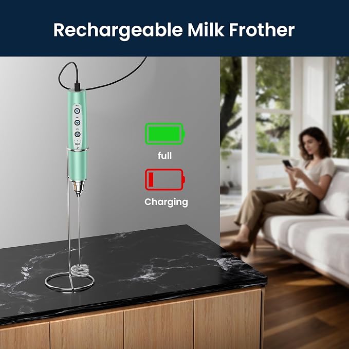 Sakgos Milk Frother with Stand Rechargeable- Handheld Coffee Frother with 3 Stainless Whisks 3 Speed Adjustable, Electric Whisk Drink Mixer, Foam Maker Blender for Matcha Latte Cappuccino Chocolate