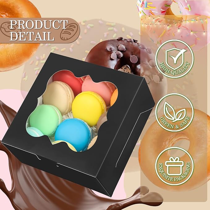 KPOSIYA 65PCS Bakery Boxes with Window 6x6x3 Inches 5 Style Cookie Boxes Small Pastry Boxes for Candy, Dessert, Pastry, Donuts, Birthday Party, Wedding(Black)
