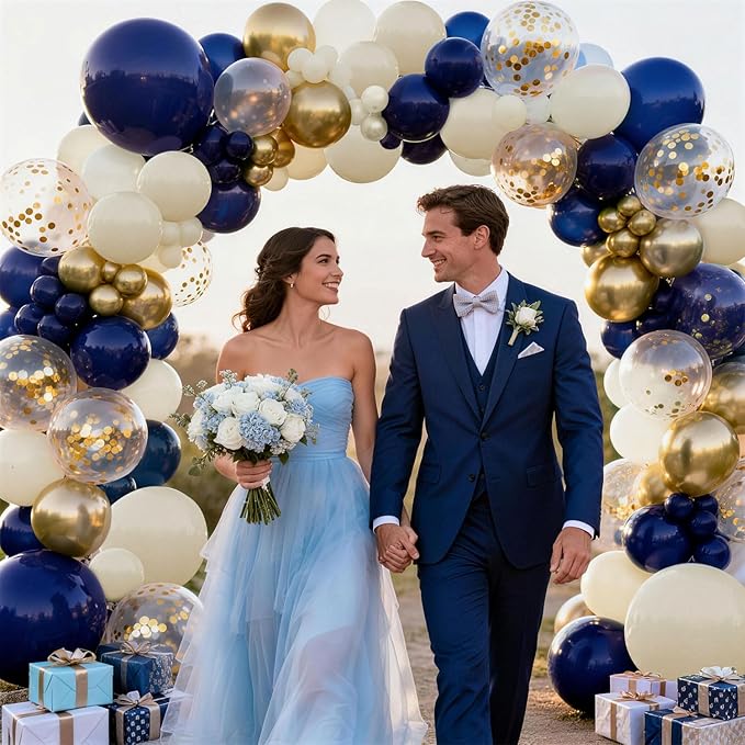 Blue and Gold Balloons Arch Kit, Navy Dark Blue Latex Balloon Arch Kit with Chrome Gold Sand White Balloons Garland and Gold Confetti Balloons for Wedding Boy Birthday Gender Reveal Party Decoration
