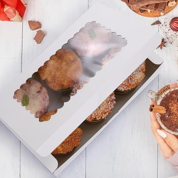 24 Pack Bakery Boxes,10x6x2.5 Inches Cookie Boxes with Window for Gift Giving, White Treat Packaging Boxes for Pies, Treats, Chocolate, Muffins, Donuts, Pastries, Cupcakes