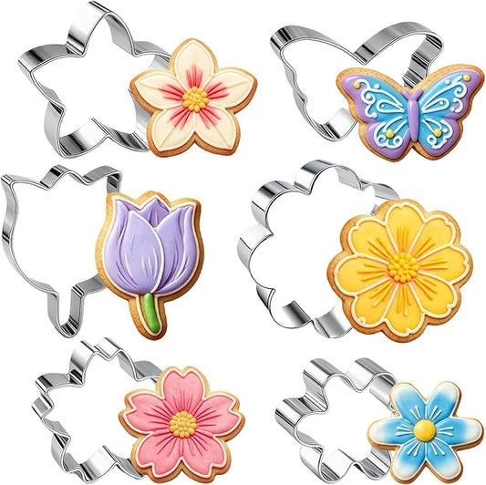 Flower Cookie Cutter Set 6Pcs Flower Shaped Cookie Cutters with Daisy Tulip Cherry Blossoms Butterfly floral Shapes Baking Tools for Home Baking Biscuit Fondant Molds Party Favors