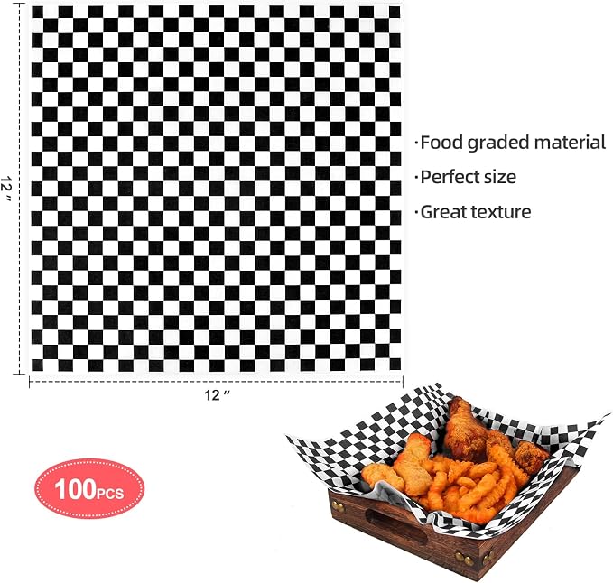 100pcs Deli Paper Sheets 12x12", Premium Food Basket Liners, Grease Resistant Wax Paper Sheets for Food, Classic Checkered Sandwich Wrapping Paper (Black & White Checkered)